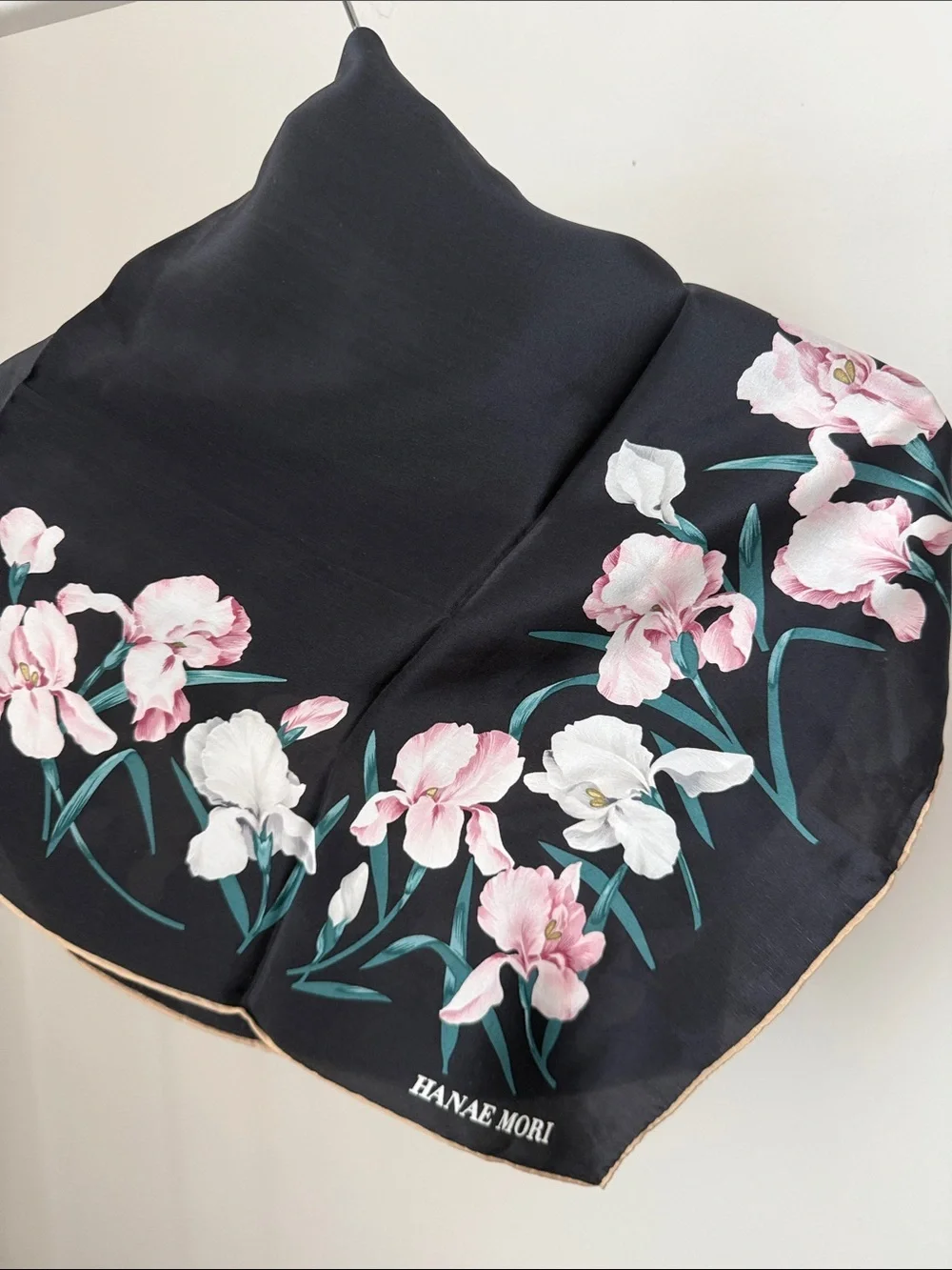 Hanae Mori Black Floral Silk Scarf - Pink & White Blooms 30 x 30